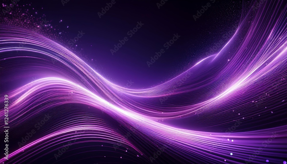 dynamic purple light streaks forming a wave pattern against a dark background, sparkling particles resembling stars dynamic purple light streaks forming a wave pattern against a dark background, sparkling particles resembling stars