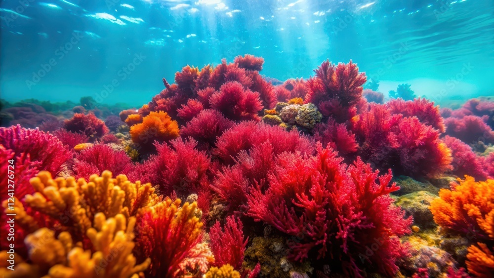 Fototapeta premium Close-up of vibrant marine red algae underwater, marine biodiversity, ocean algae