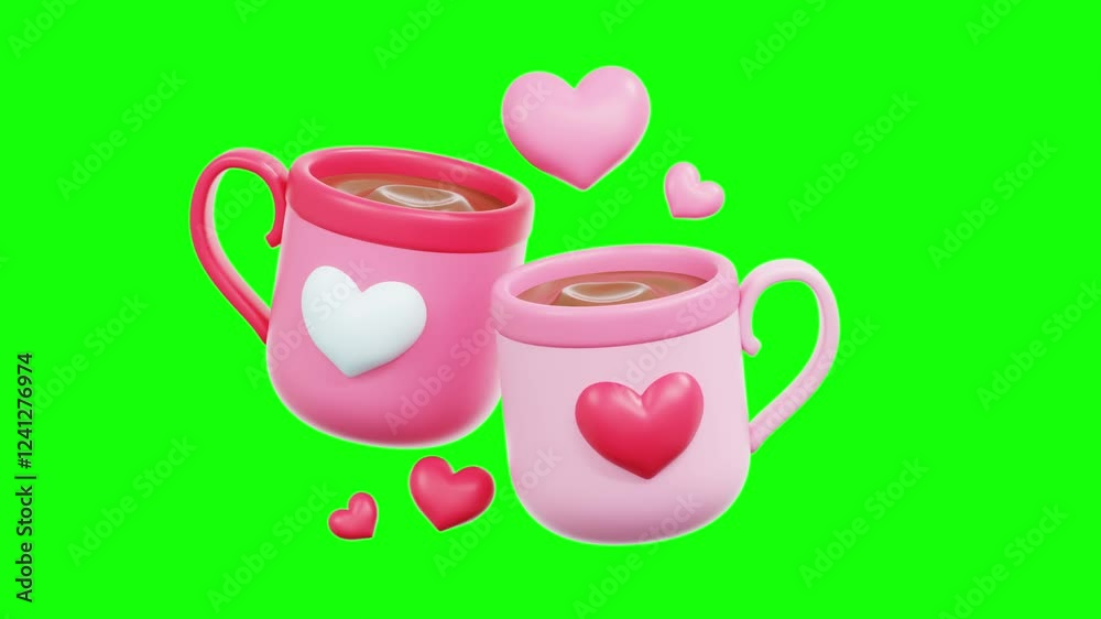 3D Video Motion Two pink and red heartthemed mugs with floating hearts; perfect for Valentines Day or romanticthemed designs for cards or social media posts. 3D Video Motion Two pink and red heartthemed mugs with floating hearts; perfect for Valentines Day or romanticthemed designs for cards or social media posts.