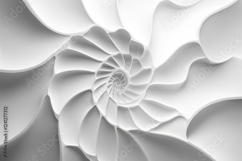 Abstract white spiral structure with a smooth, flowing pattern resembling a nautilus shell, creating a sense of depth and movement