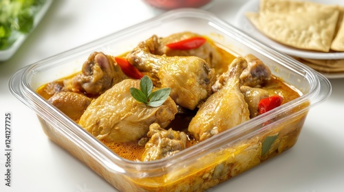 Traditional Opor Ayam dish with chicken in coconut milk sauce served in a clear container alongside ketupats isolated on white background photo