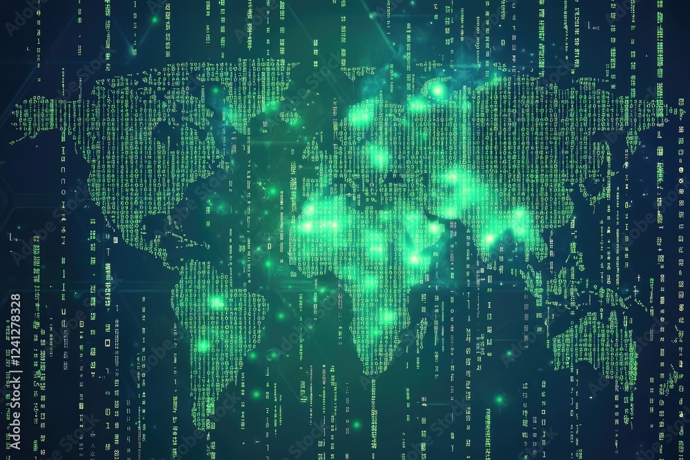 Obraz premium Green Code World Map Digital Network Data