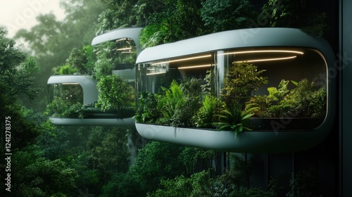 A vision of sustainable architecture, these futuristic homes blend seamlessly with nature, showcasing vertical gardens and eco-friendly design amid vibrant greenery.