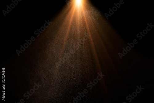 Golden light beams shining through dust particles on a black background, creating a magical and ethereal atmosphere, god rays 