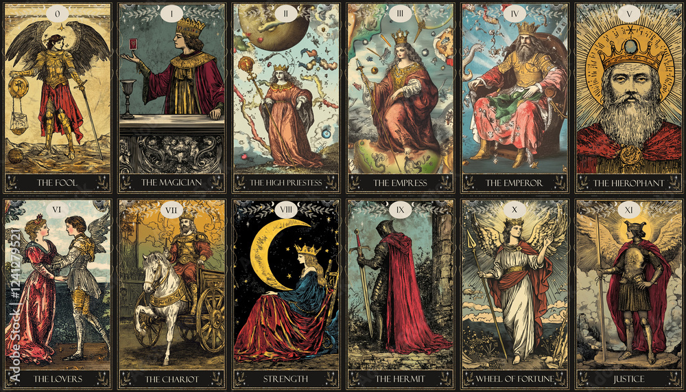 Obraz premium vintage vintage style deck of tarot cards. magical predictions of the future, mysterious characters. 