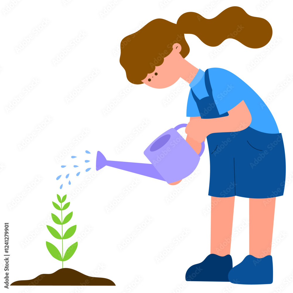girl watering a plant earth day and eco friendly concept flat vector illustration girl watering a plant earth day and eco friendly concept flat vector illustration