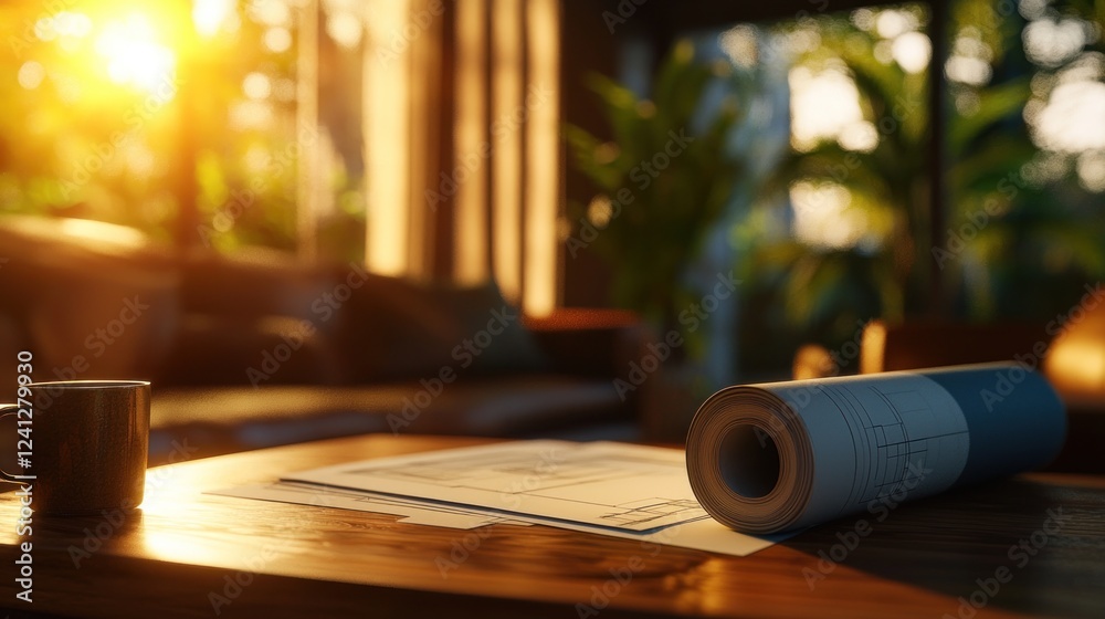 Cozy interior scene with blueprints and a coffee cup, sunlight streaming through windows Cozy interior scene with blueprints and a coffee cup, sunlight streaming through windows