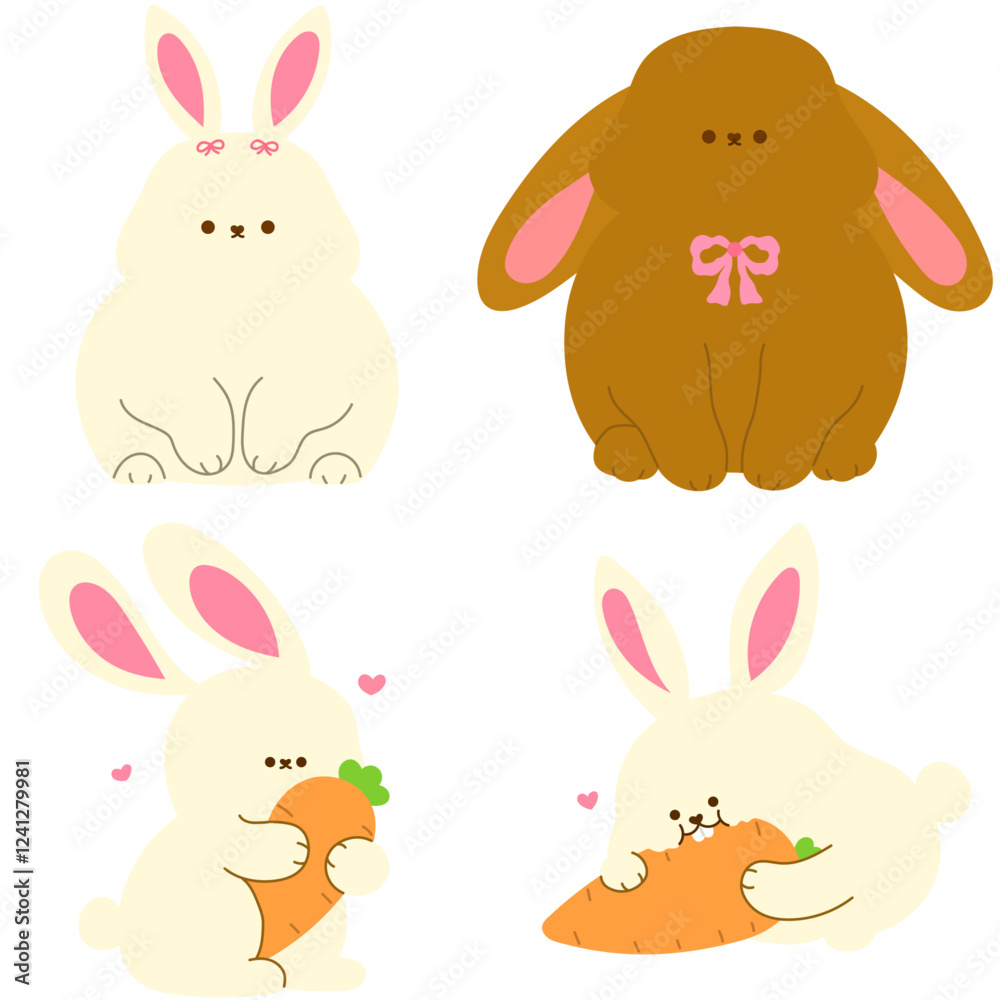 Fototapeta premium adorable bunnies with carrots cute easter rabbit flat vector illustration