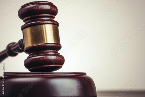 A closeup of a judge s gavel striking a sound block on a dark mahogany table, symbolizing justice in action photo