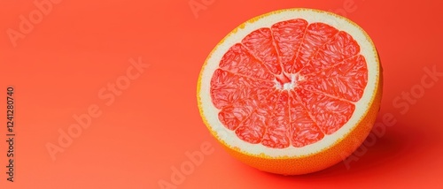 A grapefruit half with juice droplets suspended midmotion on a bold coral background, zesty and dynamic photo