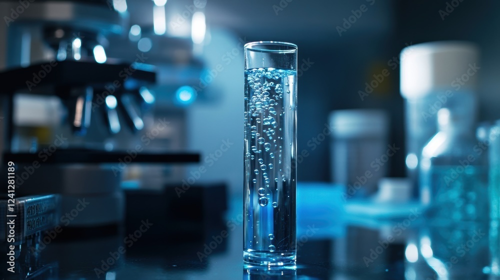 A closeup view of a nutrientrich medium in a glass vial with small bubbles forming along the sides indicating active cell growth. Surrounding equipment including a shaker incubator A closeup view of a nutrientrich medium in a glass vial with small bubbles forming along the sides indicating active cell growth. Surrounding equipment including a shaker incubator
