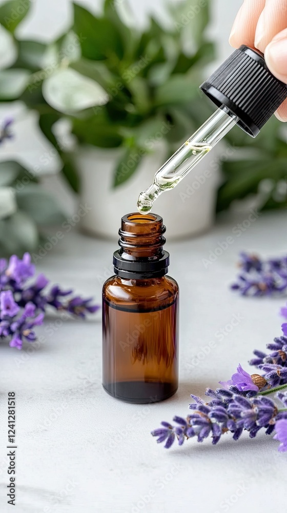 Lavender essential oil dropper in amber glass bottle surrounded by fresh lavender sprigs and green foliage Lavender essential oil dropper in amber glass bottle surrounded by fresh lavender sprigs and green foliage