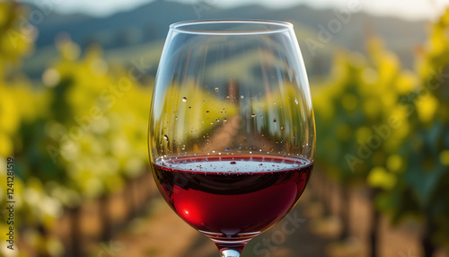 Close-Up of a Glass of Red Wine with Vineyard Background