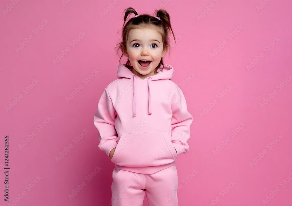 Smiling little girl in pink hoodie, standing with hands in pockets, against a vibrant pink background, portrait of happiness and innocence in a casual outfit. Smiling little girl in pink hoodie, standing with hands in pockets, against a vibrant pink background, portrait of happiness and innocence in a casual outfit.