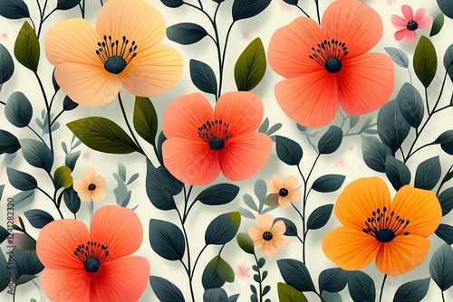 Vibrant Floral Pattern with Orange and Peach Blossoms