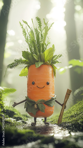 Create a sweet yet slightly mischievous carrot creature. The carrot should have arms and legs, with a leafy crown on its head. It should have a playful expression, dressed in a tiny adventurer's cloa