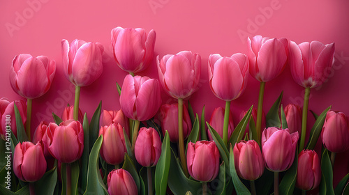Tulips in row, copy space, pink background. Arrangement spring flowers, holiday concept, Mothers Day
