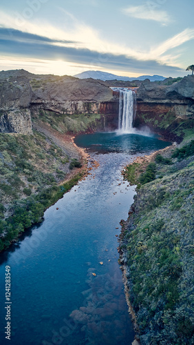 Spectacular view of Salto del Agrio waterfall – a vibrant cascade surrounded by rugged Patagonian landscapes