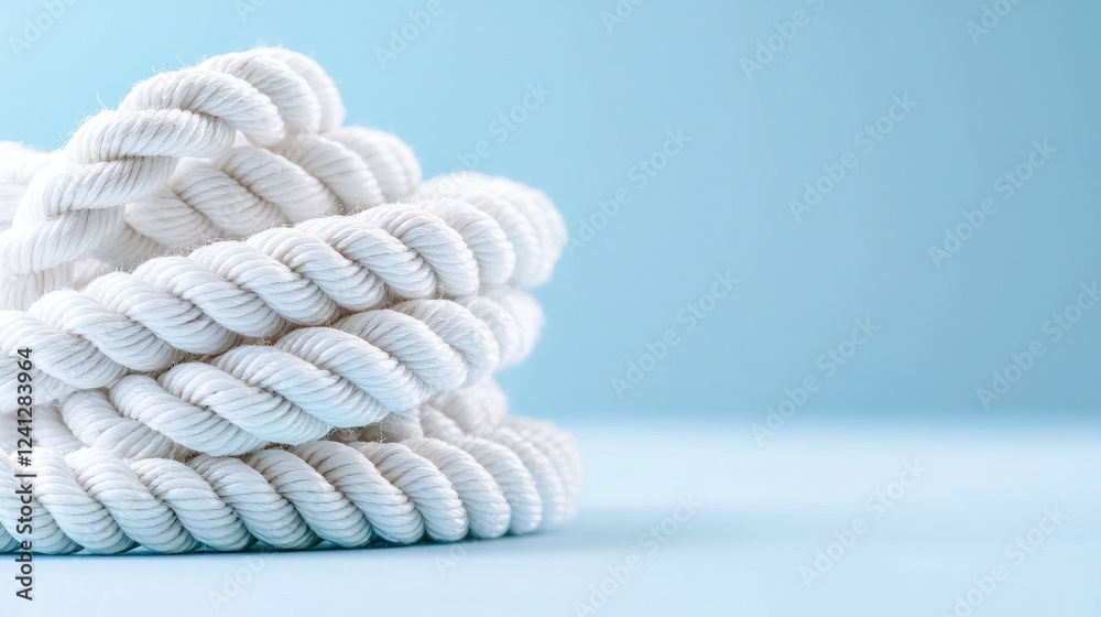 Obraz premium White rope coils on blue background, nautical theme, copy space
