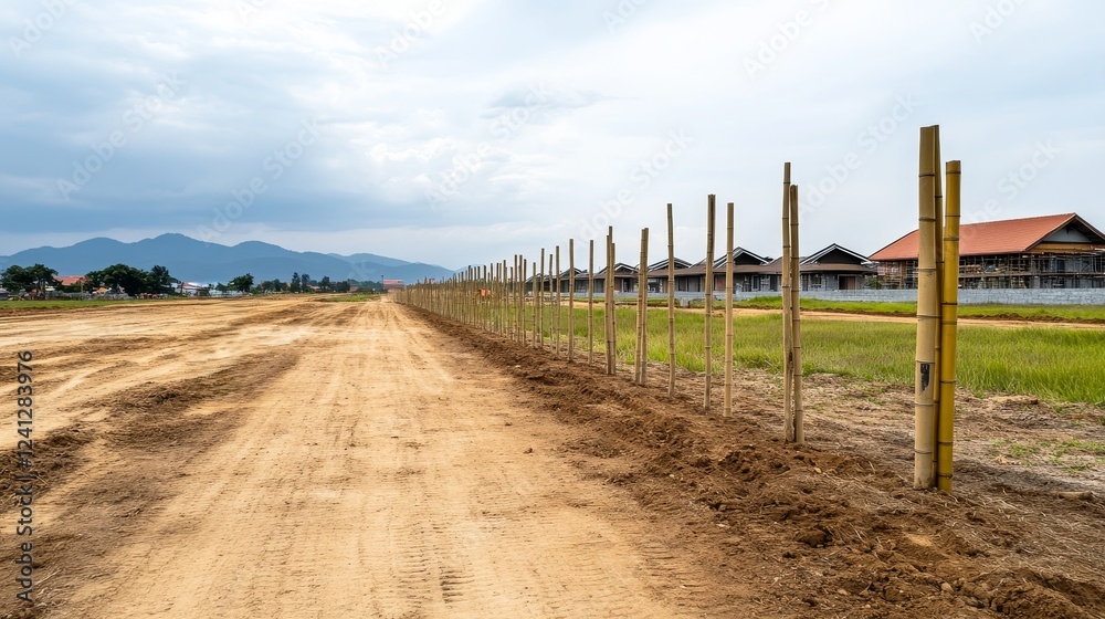 Bamboo fence lining a dirt road with mountains in the background under a cloudy sky Bamboo fence lining a dirt road with mountains in the background under a cloudy sky