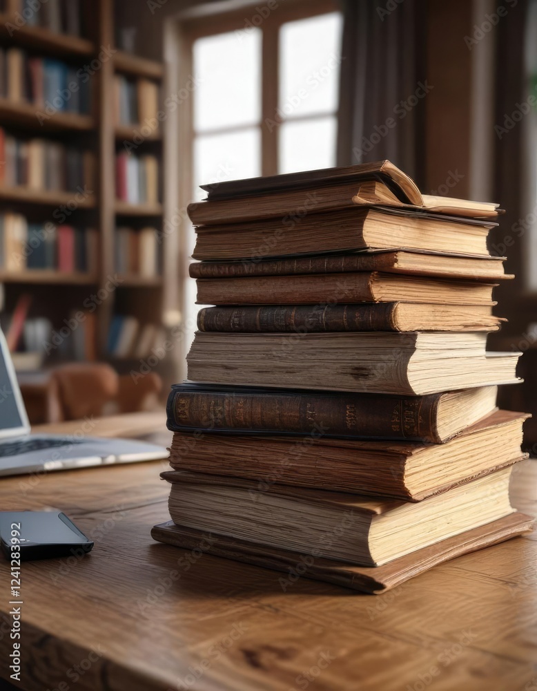 Close-up of a stack of books with a laptop open on a wooden table in the background, home office setup., digital devices, work tools Close-up of a stack of books with a laptop open on a wooden table in the background, home office setup., digital devices, work tools