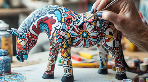 A Swedish artist painting Dala horses with intricate folk art patterns. photo