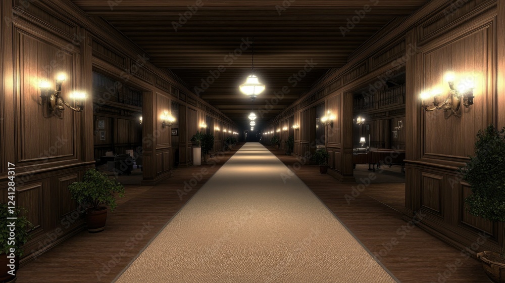 Fototapeta premium Elegant hallway with wooden paneling and cozy lighting creates an inviting atmosphere in a luxurious building at night