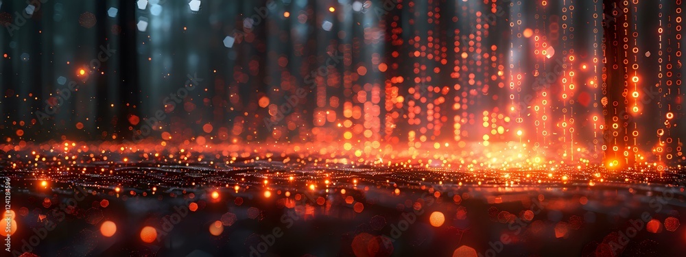 Naklejka premium Digital orange glowing particles and light rays falling on dark reflective surface creating futuristic technology background with bokeh effect.