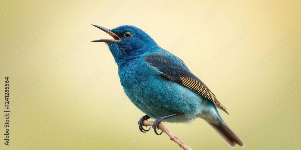 Obraz premium Close-up of indigo bunting's head and beak as it sings from a thin branch against a serene green and creamy environment, natural world, greenery