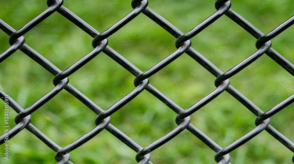 A black chain link fence featuring a diamond pattern surrounds a grassy area, all illuminated by bright daylight A black chain link fence featuring a diamond pattern surrounds a grassy area, all illuminated by bright daylight