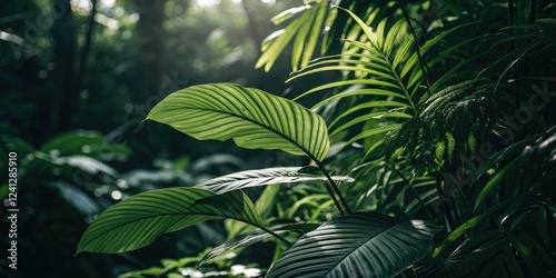 Close-up of lush tropical green leaves in a dense garden scene with dark and mysterious shadows, gardenphotography, botanicalgarden photo