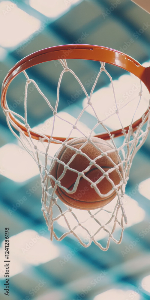 Fototapeta premium Basketball entering hoop in an indoor court with blurred background for sports success concept