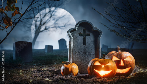 halloween tombstone with pumpkins and cemetery