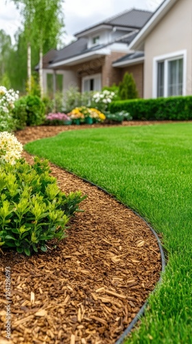 Beautifully manicured lawn with flower beds and mulch landscaping in a suburban garden during a cloudy day