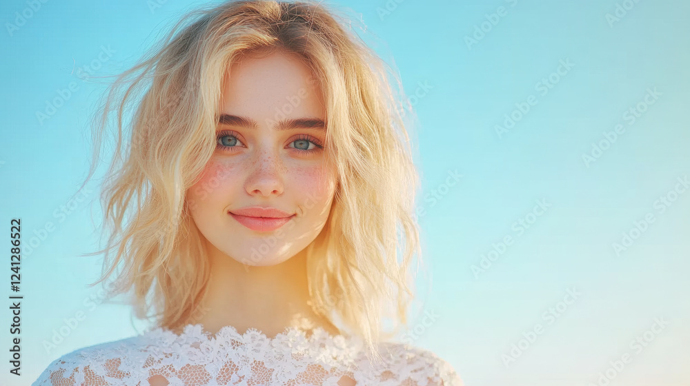 Young Caucasian woman smiling against clear blue sky, summer portrait with sunlight and lace top detail Young Caucasian woman smiling against clear blue sky, summer portrait with sunlight and lace top detail