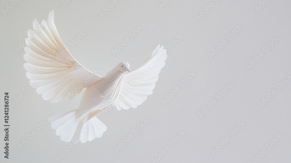 Obraz premium Graceful white dove in flight with open wings against a light background symbolizing peace and freedom