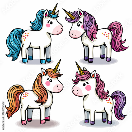 Vector unicorn set. Fantasy animal collection with yellow horn and pink mane. Fairytale horse character sitting, running, hugging with fairy, sleeping. Cartoon magic creature icons for kids	