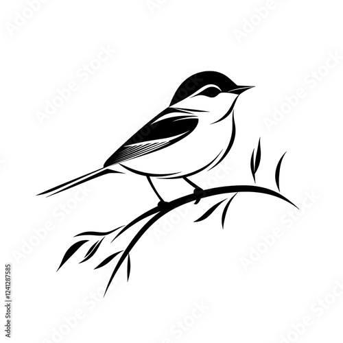 vireo bird logo, simple and beauty, asymmetrical, Black lines on white background photo