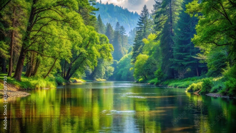 A serene river gently flowing through a dense and vibrant forest landscape with lush greenery and towering trees surrounding it on both sides, woodland, forest lake A serene river gently flowing through a dense and vibrant forest landscape with lush greenery and towering trees surrounding it on both sides, woodland, forest lake
