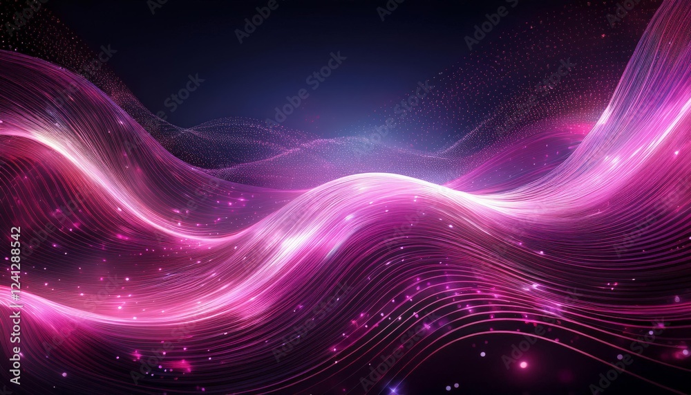 dynamic pink light streaks forming a wave pattern against a dark background, sparkling particles resembling stars dynamic pink light streaks forming a wave pattern against a dark background, sparkling particles resembling stars