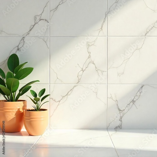 Sunlit Serenity: Two potted plants, vibrant green foliage contrasting against terracotta pots, sit serenely against a backdrop of elegant marble tiles bathed in sunlight.
