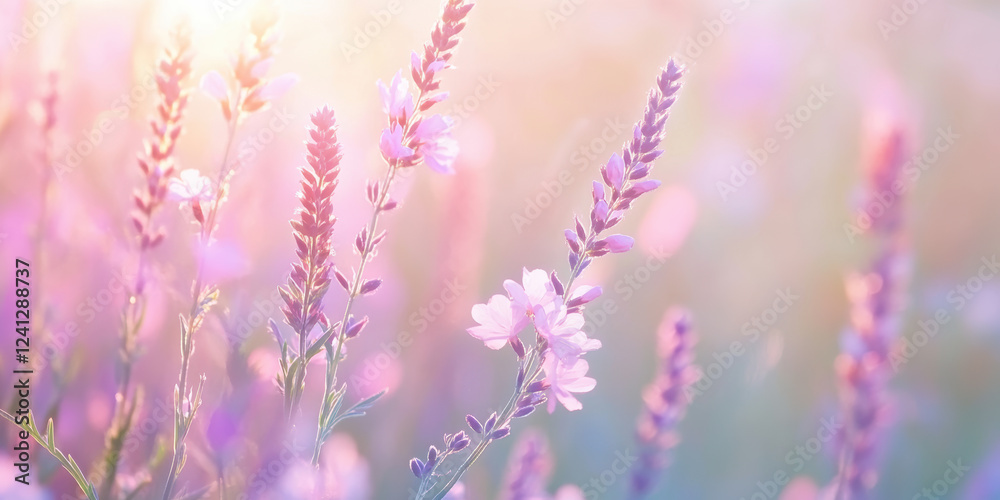Naklejka premium Lavender flowers in dreamy pastel shades, soft focus meadow with gentle sunlight and serene atmosphere