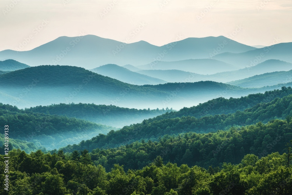 Obraz premium A breathtaking view of serene mountains shrouded in mist under soft light. This tranquil landscape captures the beauty of nature, offering peaceful scenery.