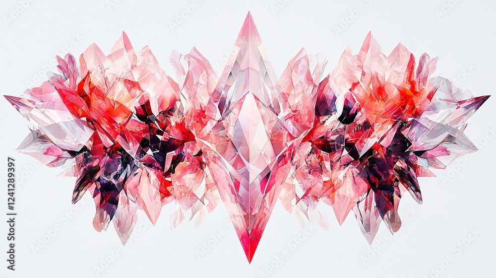 Naklejka premium Symmetrical Abstract Crystal Formation Radiating Crimson And Pink Hues Against Simple Background.