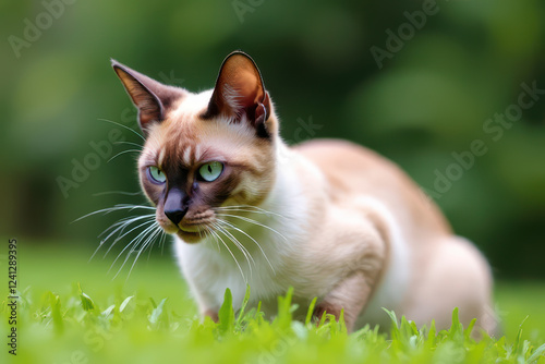 Siamese cat with striking blue eyes prowling through green grass photo