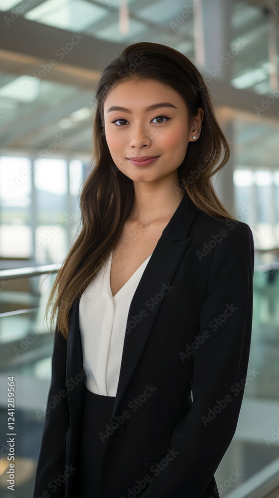 Woman in a black suit and white blouse poses for a photo. She has a serious expression on her face Woman in a black suit and white blouse poses for a photo. She has a serious expression on her face