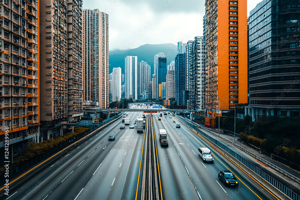 Fototapeta premium Wide Urban Highway with City Buildings – Modern Cityscape View