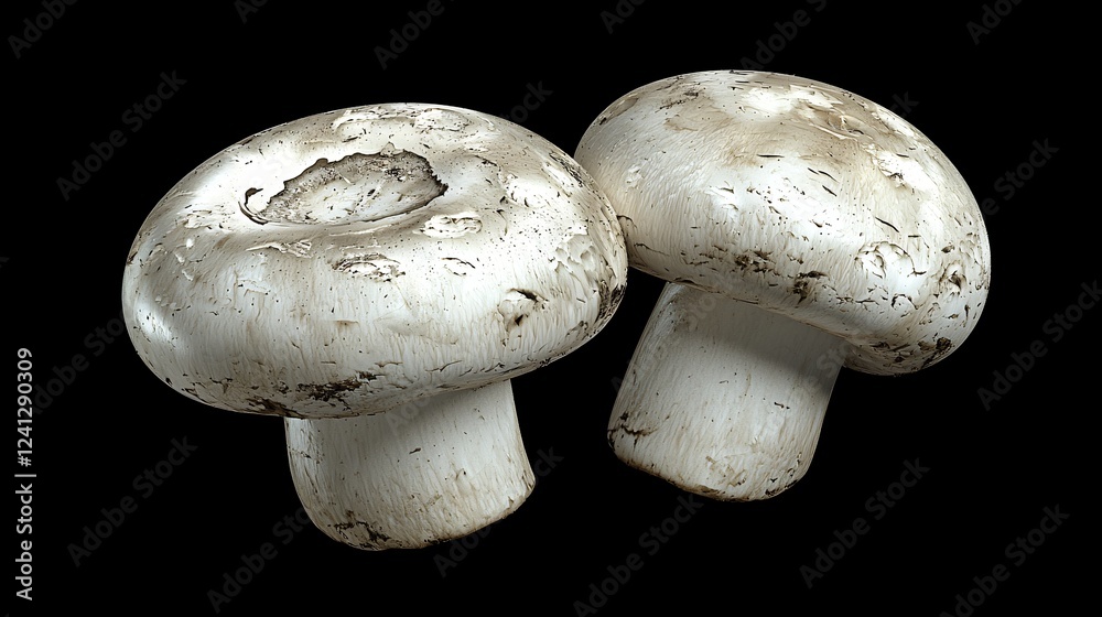 Two Mushroom Caps Facing Left in Dark Studio Agriculture Food Preparation Gourmet Ingredient. Two Mushroom Caps Facing Left in Dark Studio Agriculture Food Preparation Gourmet Ingredient.