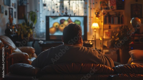 Overweight person sitting on a couch, watching television, highlighting the sedentary lifestyle associated with obesity.