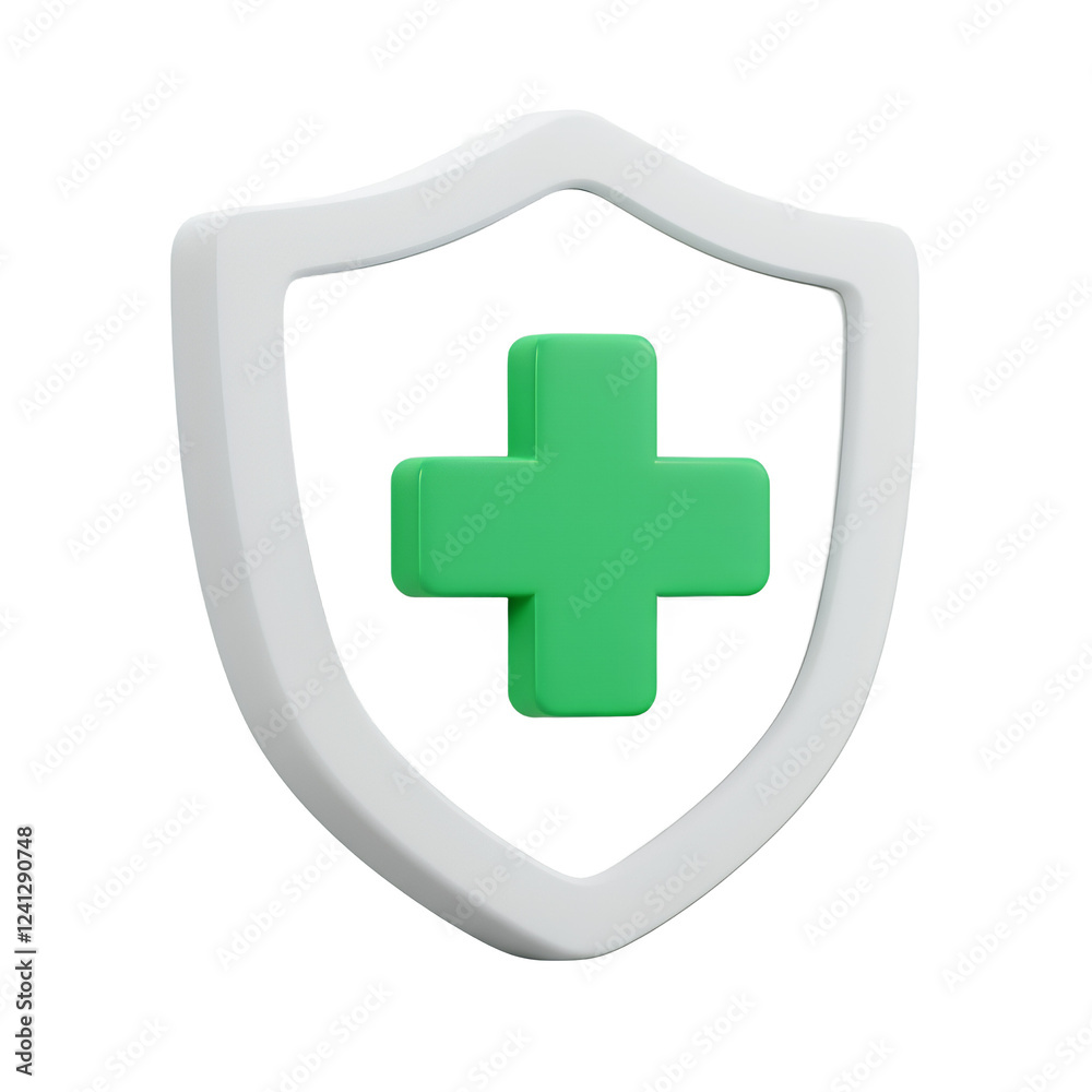 White shield icon with green medical plus symbol. Healthcare protection. Safety. White shield icon with green medical plus symbol. Healthcare protection. Safety.